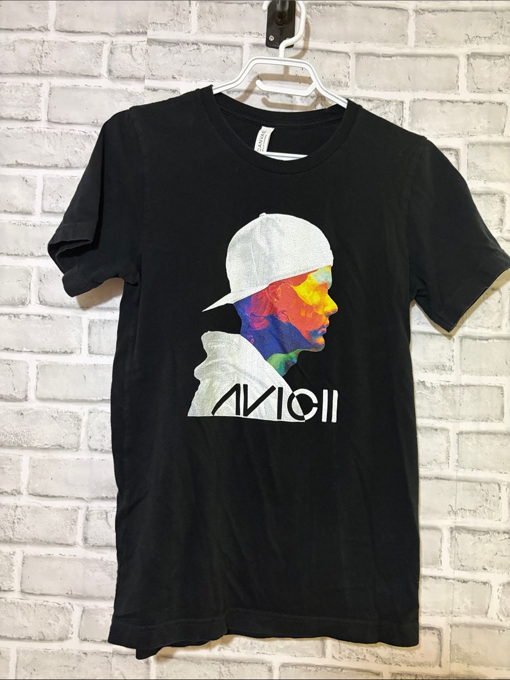 Avicii singer Black Short-Sleeve Graphic Tee with Multicolor Portrait, small